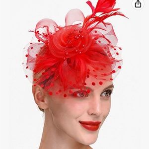Red feather and faux pearl fascinator